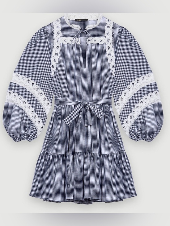 Maje Dresses & Skirts - Maje Navy Gingham and Lace-Trim Dress with Tie Waist